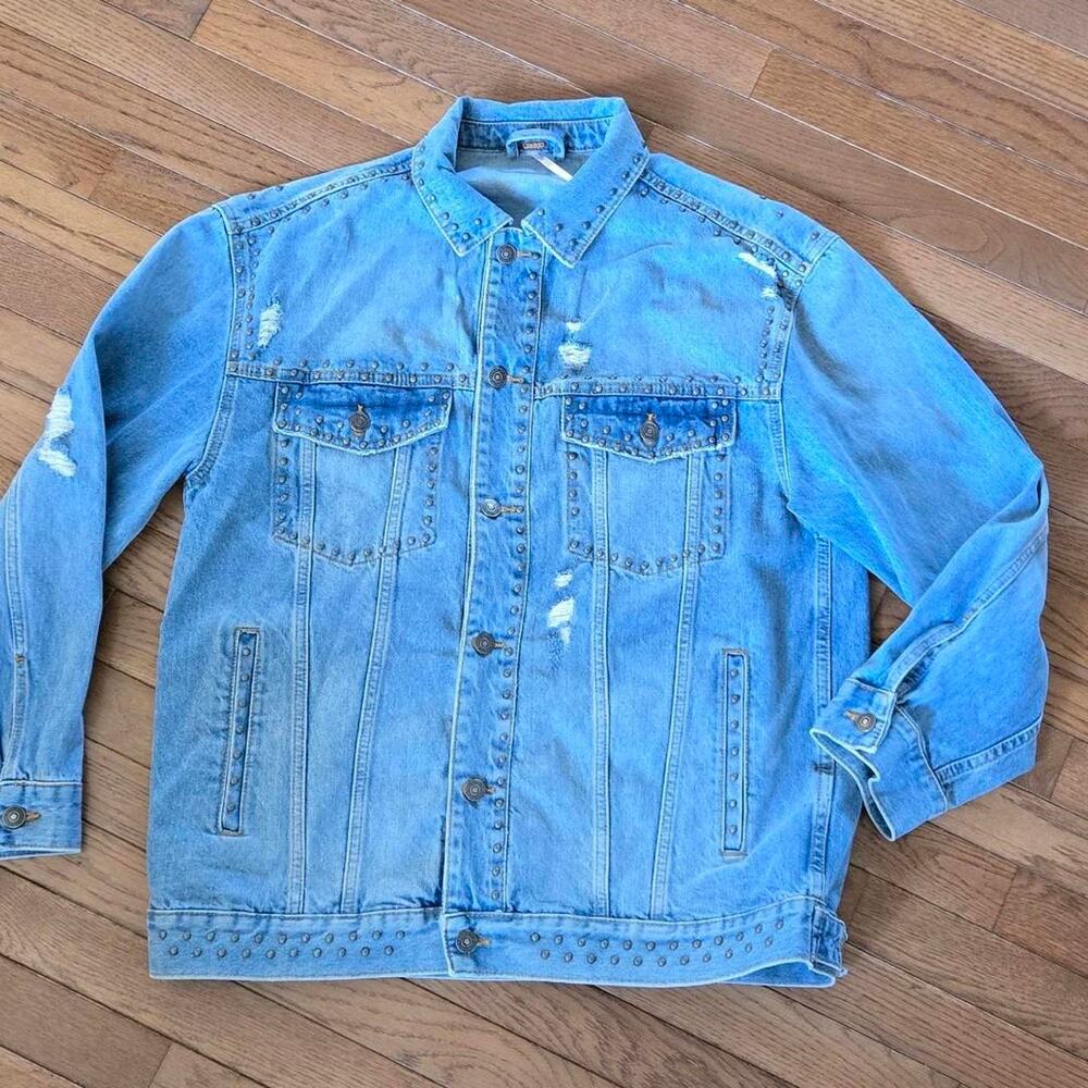 Free people 90s inspired blue denim jacket with studded distressed large